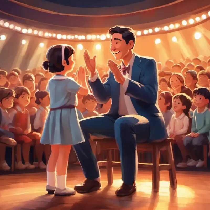School play, dad clapping, child on stage feeling proud