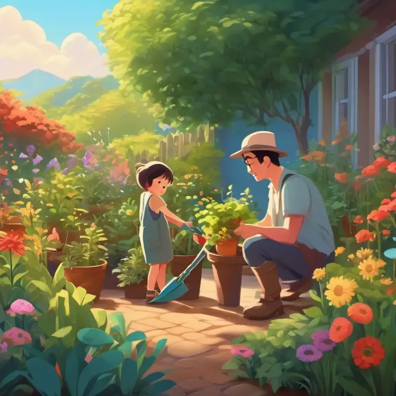 Gardening, dad and child planting, vibrant plants around