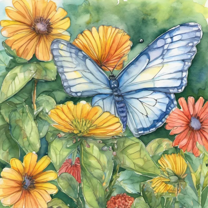 Once upon a time, in a colorful garden, there lived a little caterpillar named Charlie. Charlie was always hungry, and he loved to eat everything he could find. But one day, Charlie woke up feeling different. He was bigger and had a beautiful pair of wings! He had turned into a butterfly! Charlie was excited about his new wings, but he soon realized that he couldn't fly. He fluttered around, trying his best, but he only managed to flit a few inches off the ground. Feeling sad, Charlie thought, "Oh dear, how will I ever get up into the sky to join my friends?"