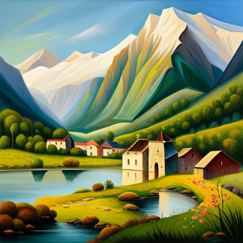 A village surrounded by tall, green mountains