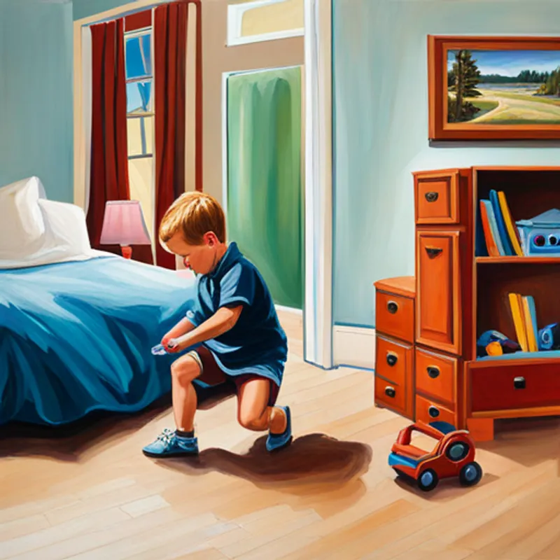 Ben playing with his toys in his room