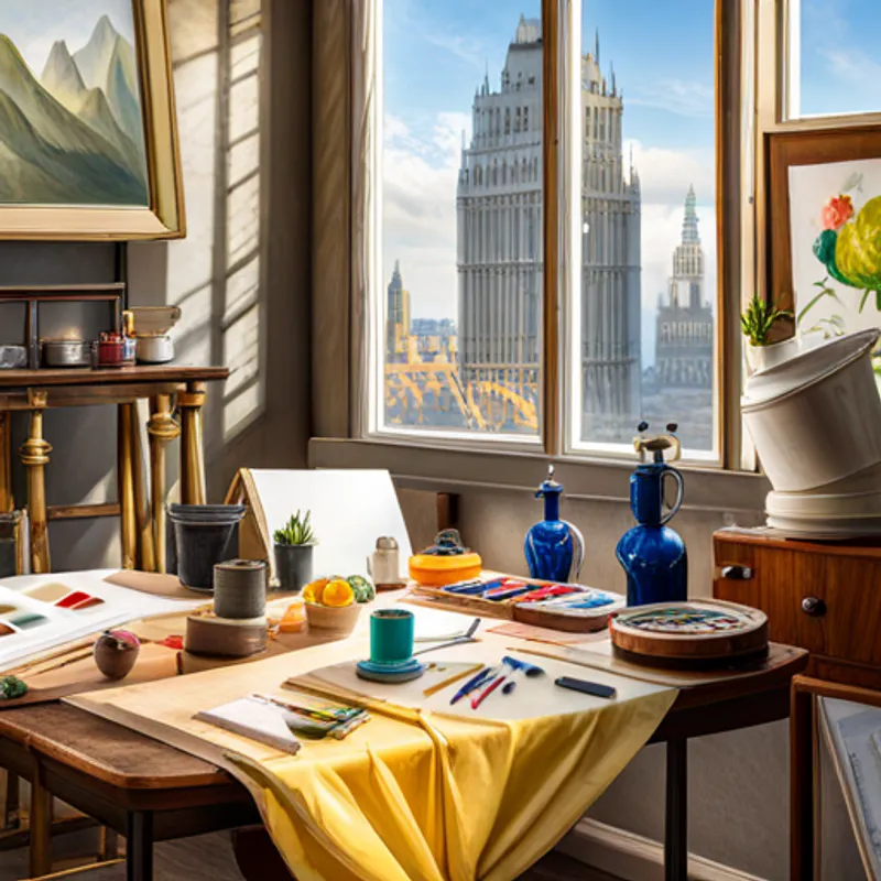 A table with paints, brushes, and paper