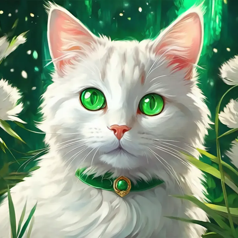 In a small village, there is a magical cat named Magical white cat with sparkly green eyes Fluffy fur with white fur and green eyes.