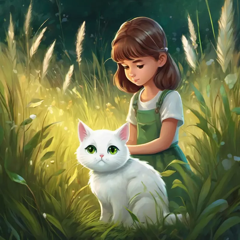 Magical white cat with sparkly green eyes Fluffy fur finds a sad girl named Little girl with a sad face Big round eyes Brown hair and uses magic to find her lost toy in tall grass.