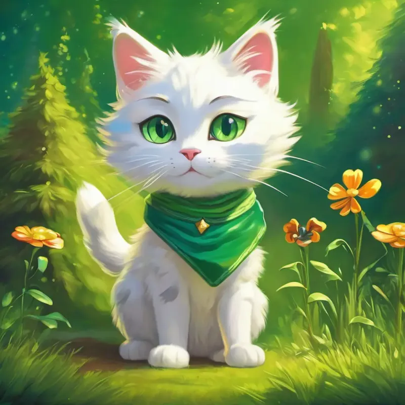 The village people seek Magical white cat with sparkly green eyes Fluffy fur' help, and he grants wishes and fixes broken toys.