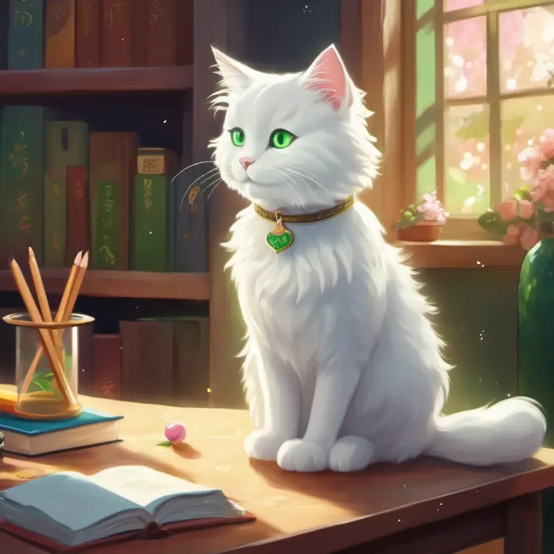 Magical white cat with sparkly green eyes Fluffy fur becomes a teacher, teaching children about kindness and helping others.