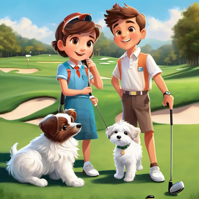 "Are you two interested in learning to play golf?" the voice asked. Emma and Jack turned around and saw a friendly golf pro named Coach Carl, who was famous for his incredible golf swings and warm smile. By his side stood Valentino, a small white Bolognese puppy with fluffy fur and twinkling brown eyes. Emma and Jack nodded excitedly, curiosity shining in their eyes. Coach Carl and Valentino sensed their eagerness and welcomed them to join their golfing adventure.