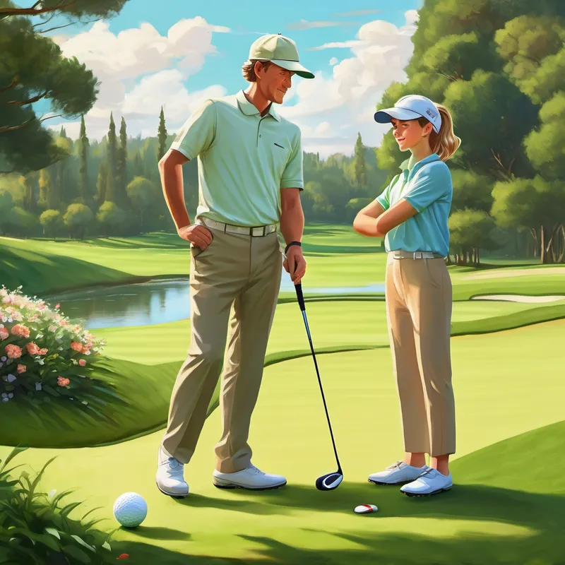 The next morning, Emma and Jack arrived at the magical golf course, wearing their most comfortable clothes and ready for some golfing fun. They were each given a set of tiny golf clubs and balls, which made them feel like real professional golfers. Coach Carl began by showing them the correct way to hold the golf club and how to stand with their feet apart. "Remember," he said, "golf is a game of patience and focus. Calm your minds, take a deep breath, and swing the club gently."