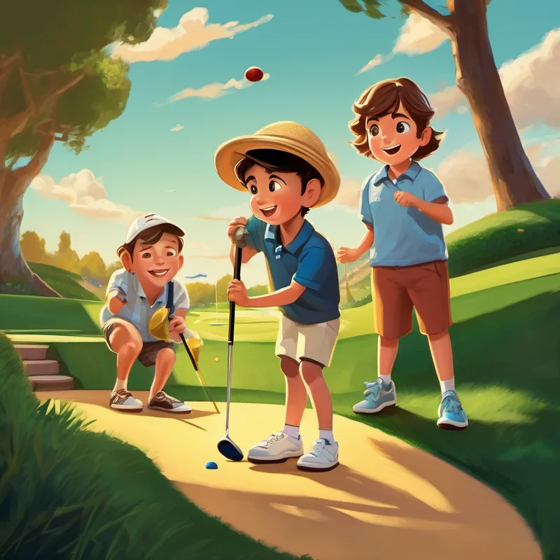One evening, Coach Carl surprised Emma and Jack with a mini-golf tournament. Their families and friends gathered on the sidelines, cheering them on as they played. Emma's golf ball bounced off a wall and into the hole, earning her a hole-in-one. Jack's ball took a tricky curve and landed right beside the hole, making him jump with joy. In the end, Emma and Jack tied, and everyone cheered and clapped for both of them. Coach Carl and Valentino handed out golden trophies to celebrate their incredible achievements. They were amazed at how far Emma and Jack had come, from curious beginners to skilled golfers.