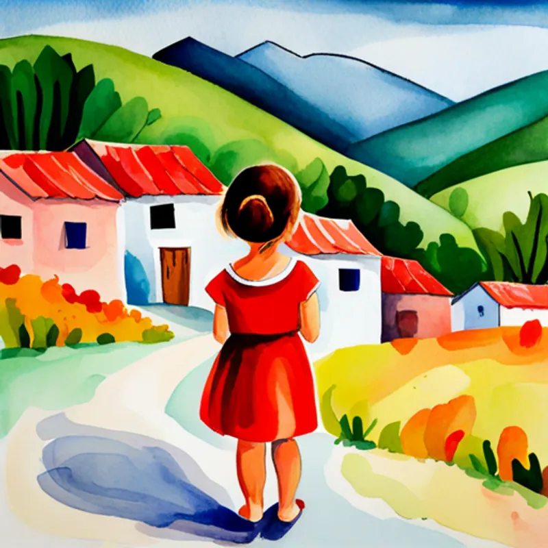 little girl with curly brown hair, wearing a red dress standing in a village with trees and mountains