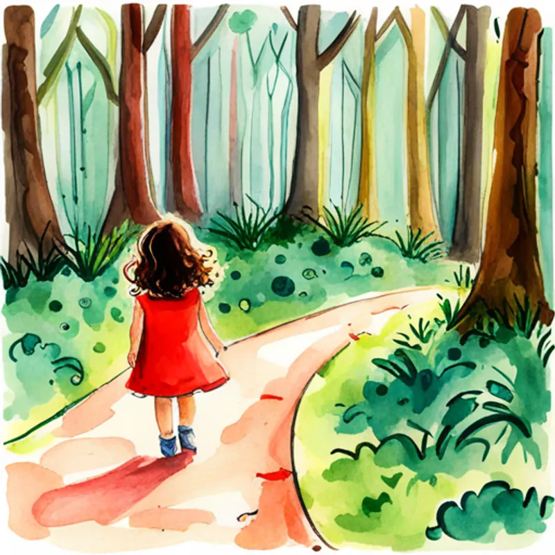 little girl with curly brown hair, wearing a red dress entering a secret pathway in the forest