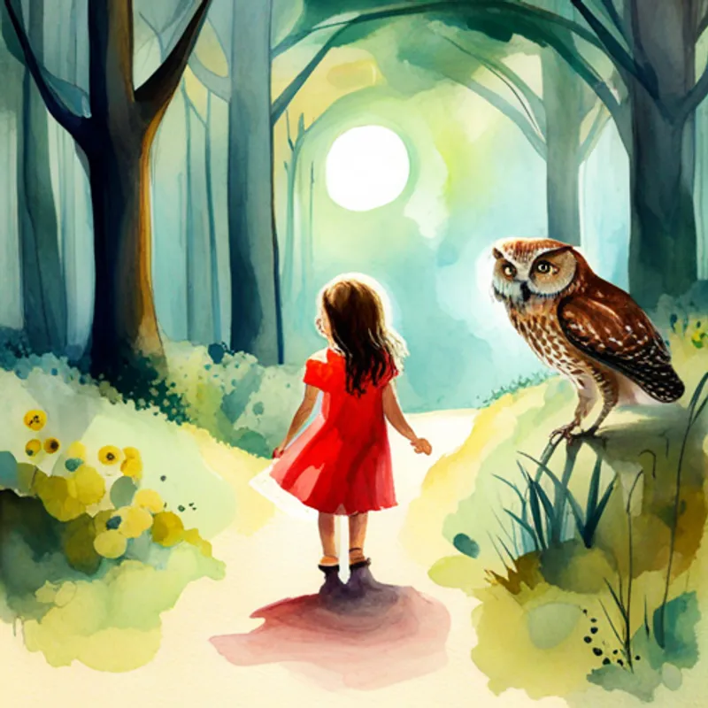 little girl with curly brown hair, wearing a red dress talking to a wise owl in a magical world