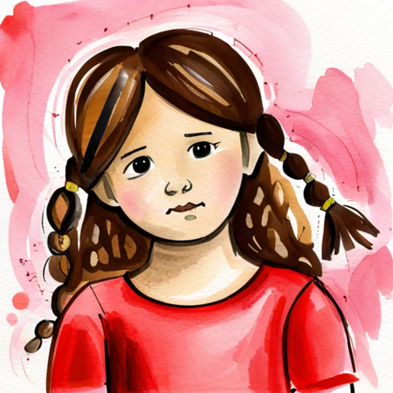 little girl with curly brown hair, wearing a red dress with a determined look, ready to help the kingdom