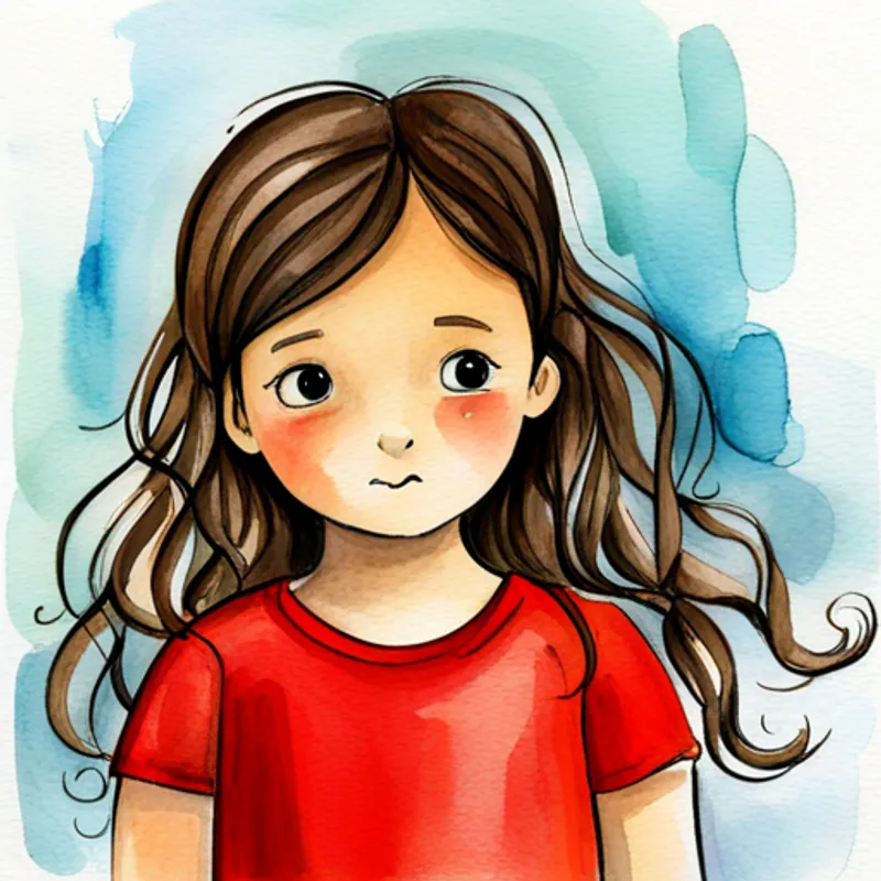 little girl with curly brown hair, wearing a red dress facing challenges with determination and bravery