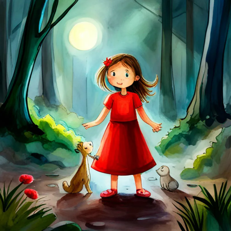little girl with curly brown hair, wearing a red dress and her animal friends discovering the evil sorceress