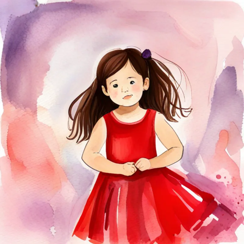 little girl with curly brown hair, wearing a red dress with a victorious expression, rescuing the princess