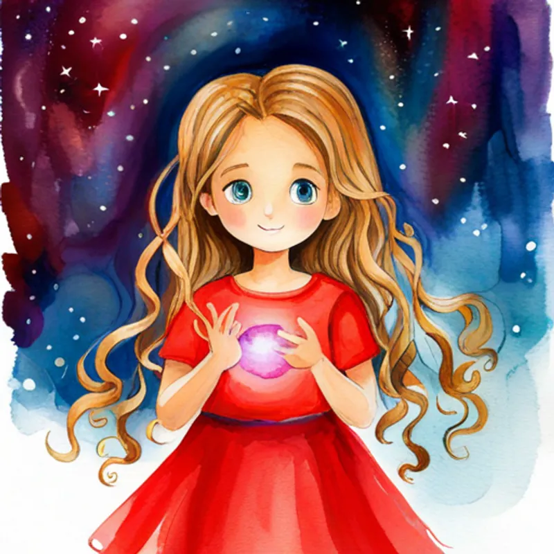 little girl with curly brown hair, wearing a red dress being celebrated by the kingdom with a magical amulet