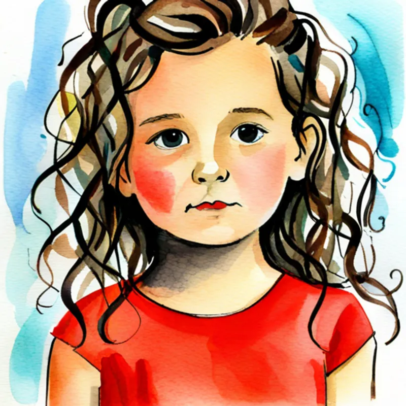 little girl with curly brown hair, wearing a red dress feeling proud and confident