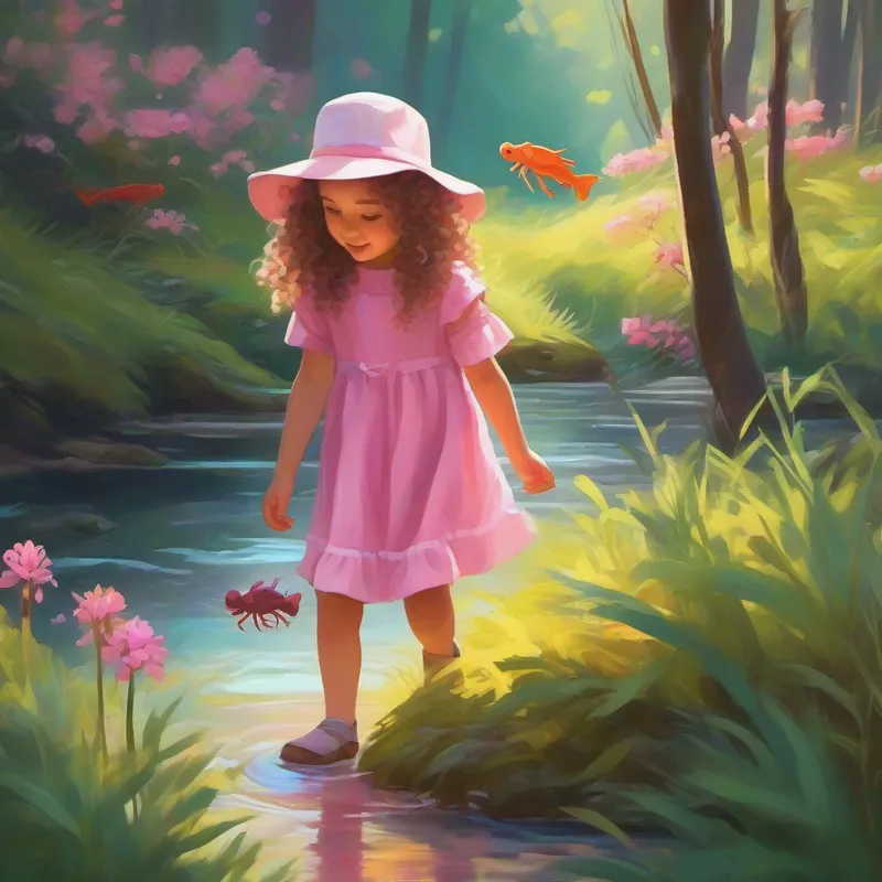 Curly haired girl in a pink dress with a white hat and mawmaw find crawdads in a stream, bright sunny colors