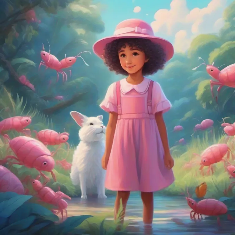 Curly haired girl in a pink dress with a white hat and mawmaw help the crawdads, cool blue colors