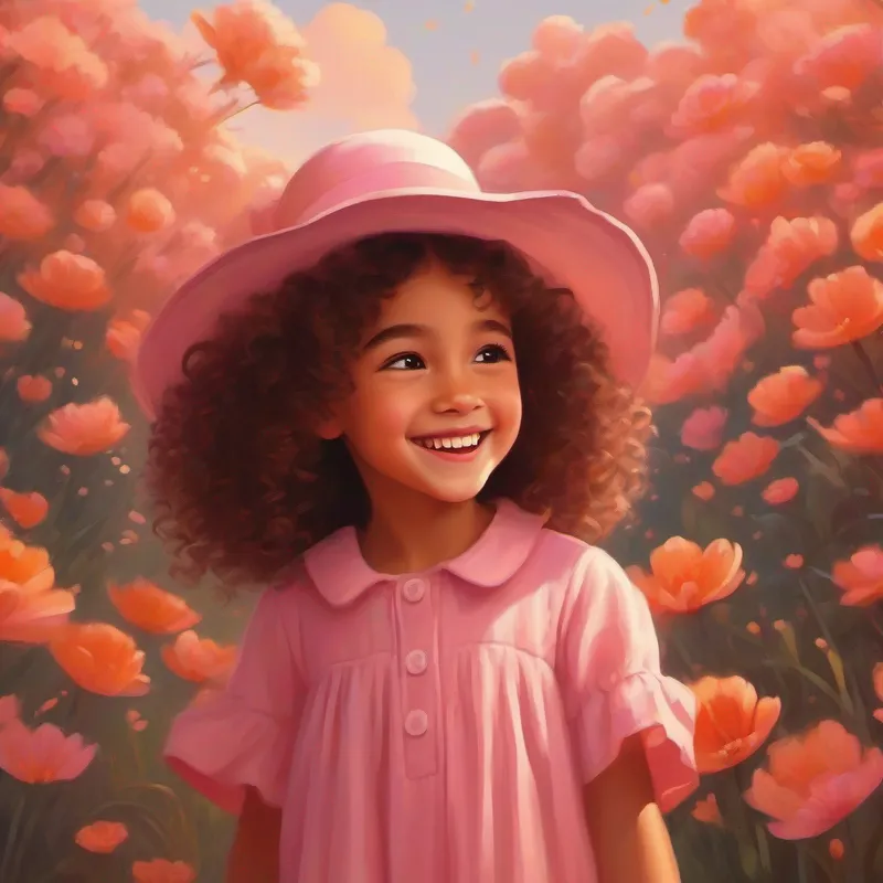 Curly haired girl in a pink dress with a white hat feels happy for helping the crawdads, warm orange colors