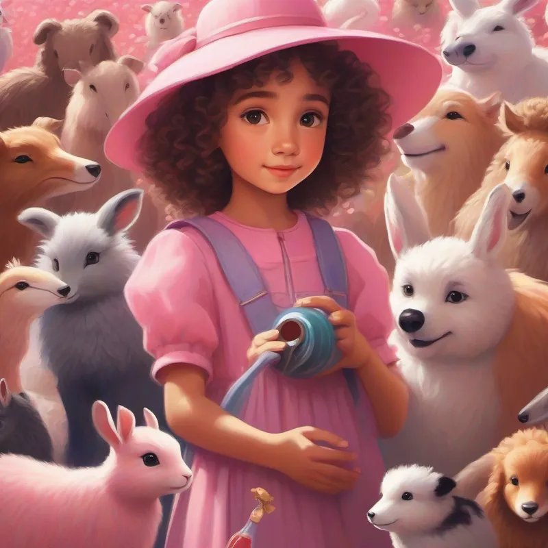 Curly haired girl in a pink dress with a white hat helps other animals, bottle of water and animals surrounding