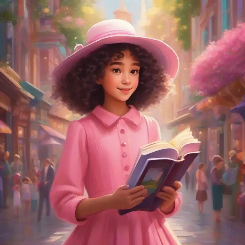 Curly haired girl in a pink dress with a white hat receives a book on her birthday, colorful illustrations