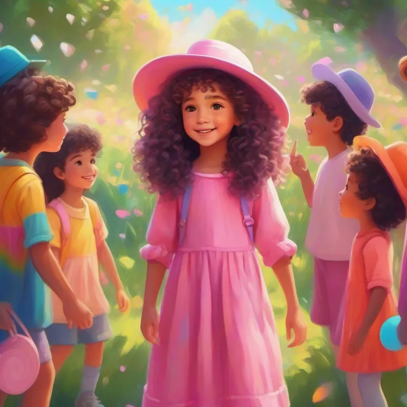 Curly haired girl in a pink dress with a white hat sharing stories with children, vibrant rainbow colors