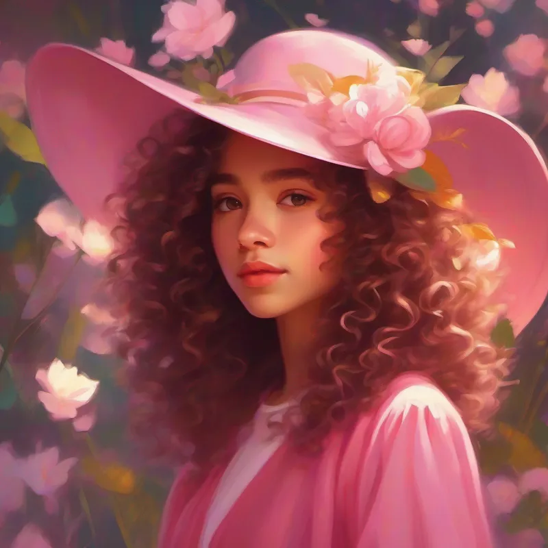 Curly haired girl in a pink dress with a white hat inspires others with her stories, glowing golden colors