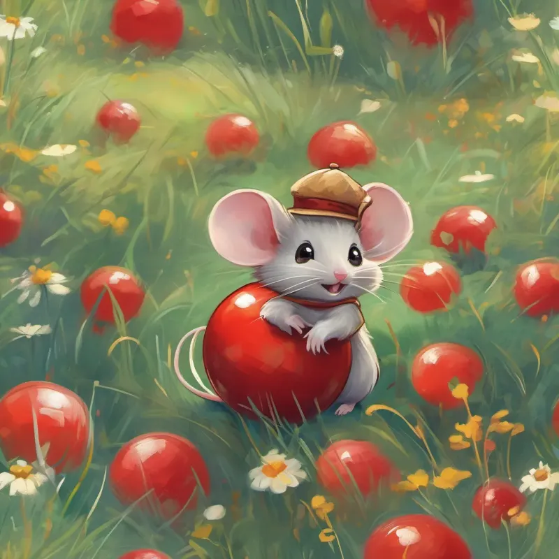 a cheerful tiny mouse named a small, cheerful mouse with bright eyes and a tiny hat, exuding curiosity and playfulness, holding a bright red ball, playing in a sunny and vibrant meadow