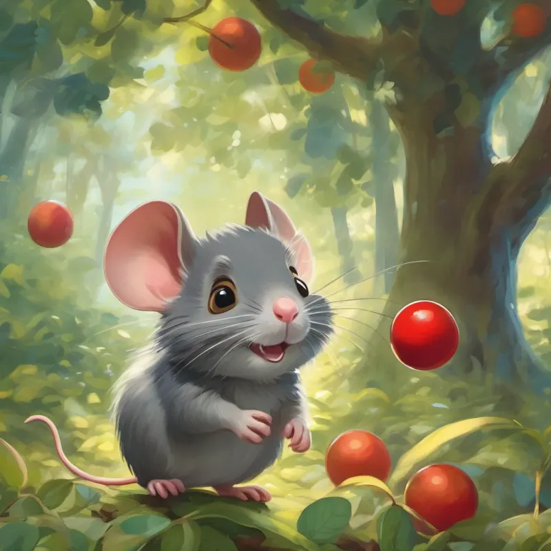 a small mouse named a small, cheerful mouse with bright eyes and a tiny hat, exuding curiosity and playfulness, laughing as a red ball bounces high among trees; the expression changing from joy to concern as the ball disappears