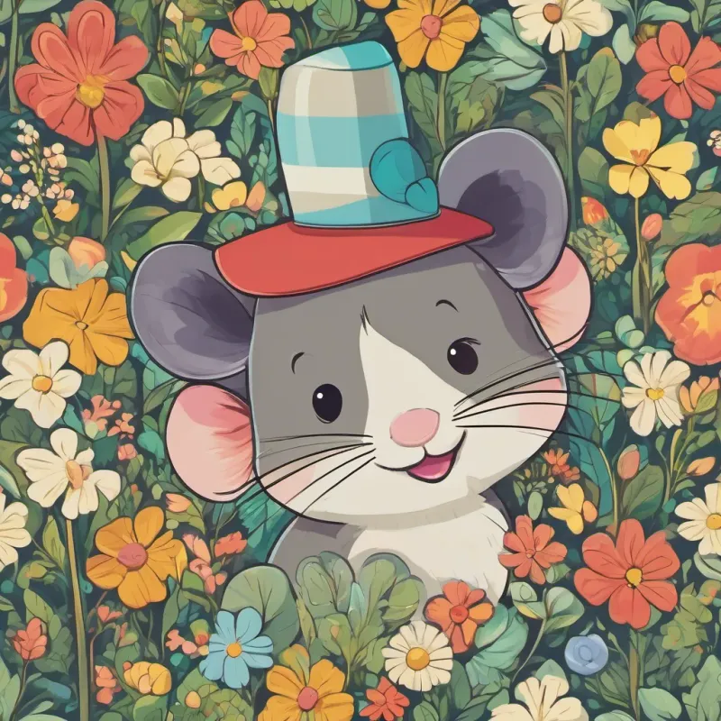 a small, cheerful mouse with bright eyes and a tiny hat, exuding curiosity and playfulness and a friendly, kind mouse with a gentle smile, caring eyes, and always ready to help sharing a moment of friendship, with a backdrop of a rainbow and flowers, symbolizing the importance of honesty and friendship