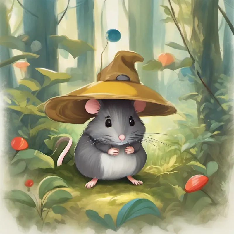 a small, cheerful mouse with bright eyes and a tiny hat, exuding curiosity and playfulness searching through bushes and looking under trees in a whimsical forest, worried and calling for the ball to come back