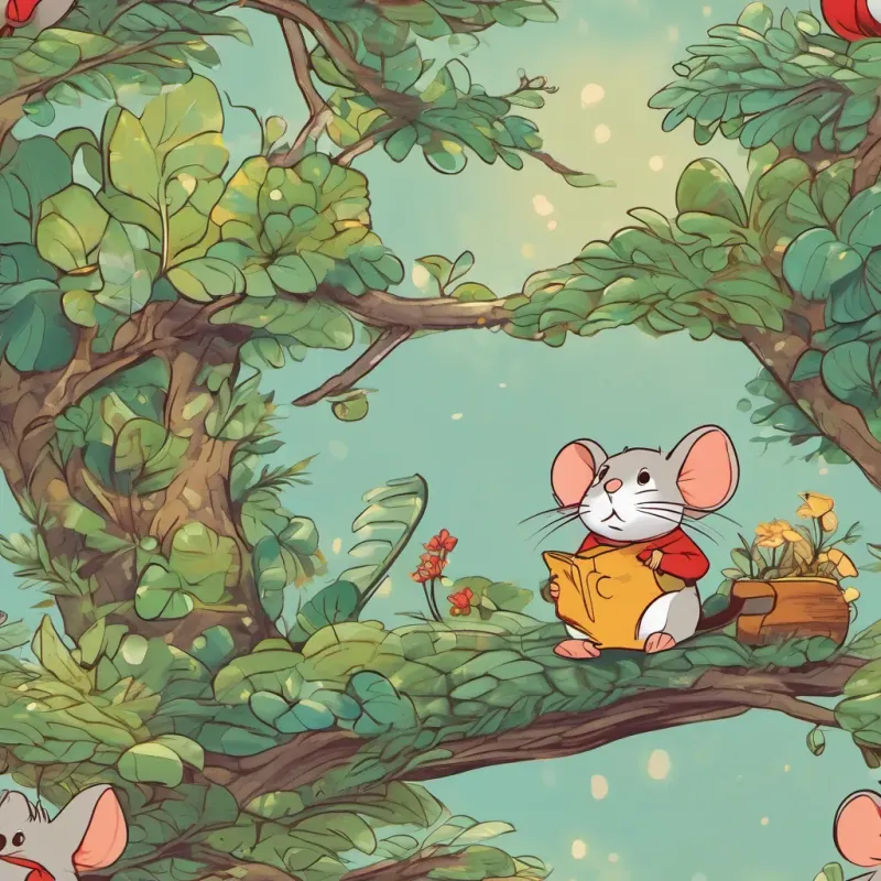 a small, cheerful mouse with bright eyes and a tiny hat, exuding curiosity and playfulness looking troubled, sitting under a tree with her face in her hands, thinking about her friend a friendly, kind mouse with a gentle smile, caring eyes, and always ready to help and how he might be upset