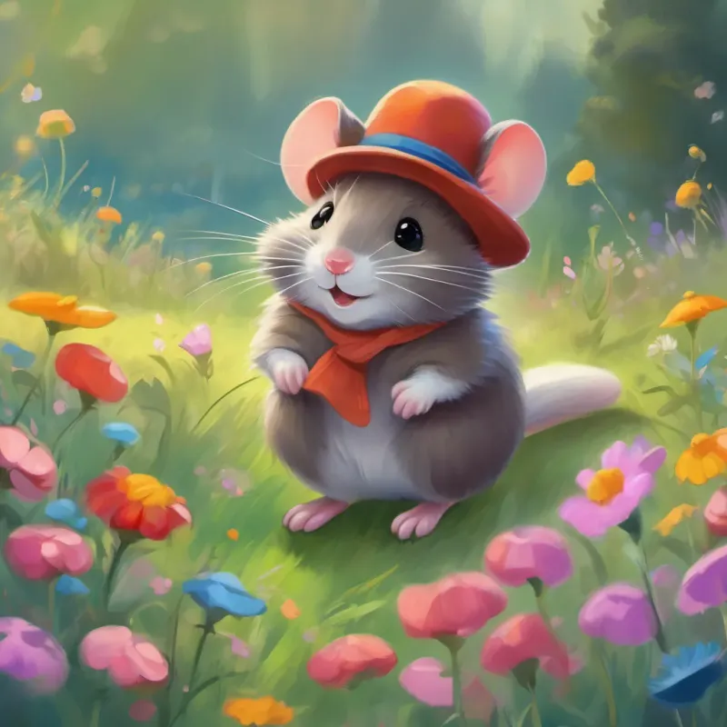 a small, cheerful mouse with bright eyes and a tiny hat, exuding curiosity and playfulness determined and pacing, her small paw to her chin, with a thoughtful yet resolved expression in the colorful meadow