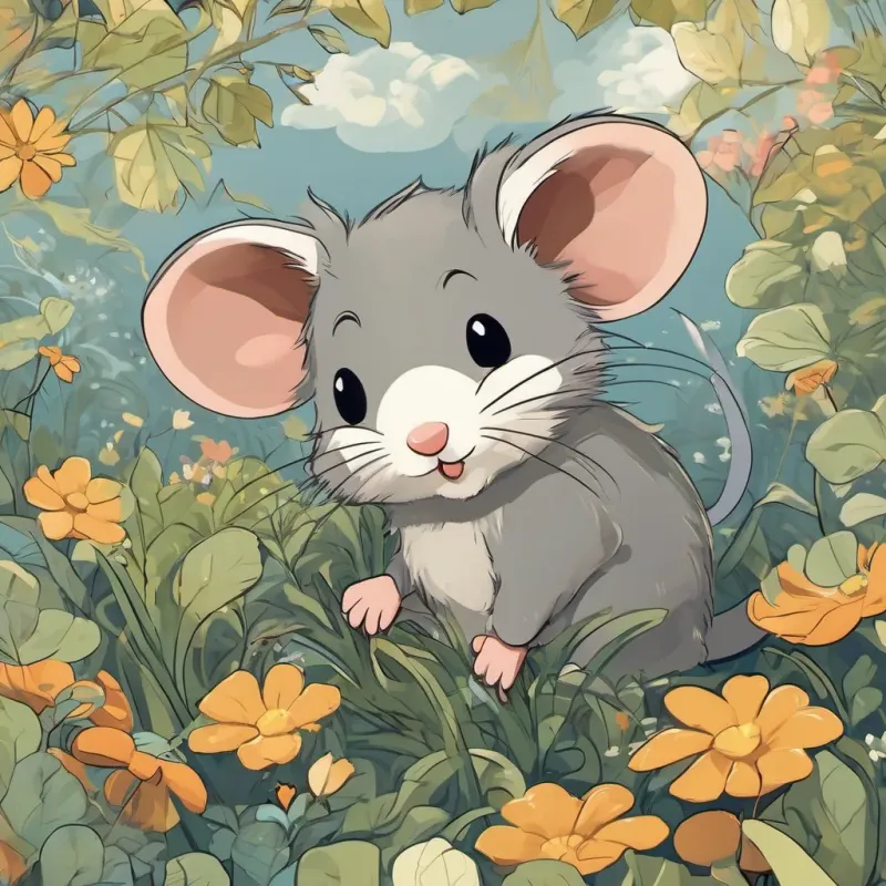 a small, cheerful mouse with bright eyes and a tiny hat, exuding curiosity and playfulness approaching her friend a friendly, kind mouse with a gentle smile, caring eyes, and always ready to help, a small mouse holding a tiny hat in her paws, while a friendly, kind mouse with a gentle smile, caring eyes, and always ready to help looks at her kindly, both in a sunny, grassy area