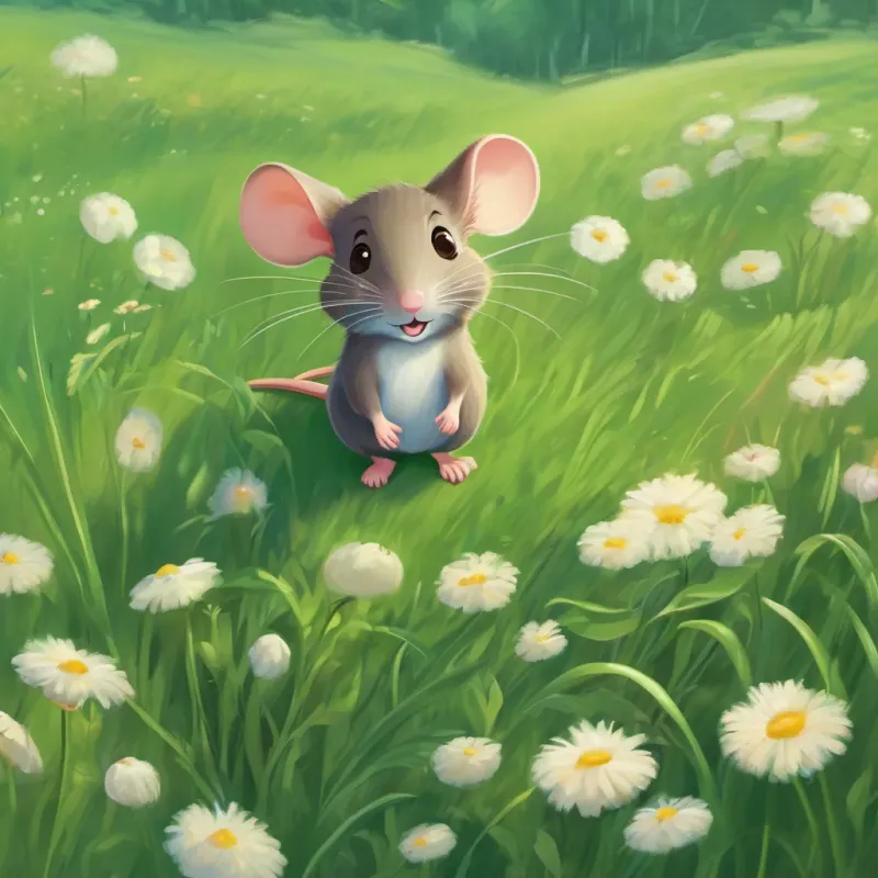 a friendly, kind mouse with a gentle smile, caring eyes, and always ready to help smiling and suggesting they search together, both determined and hopeful, in a green meadow with playful background