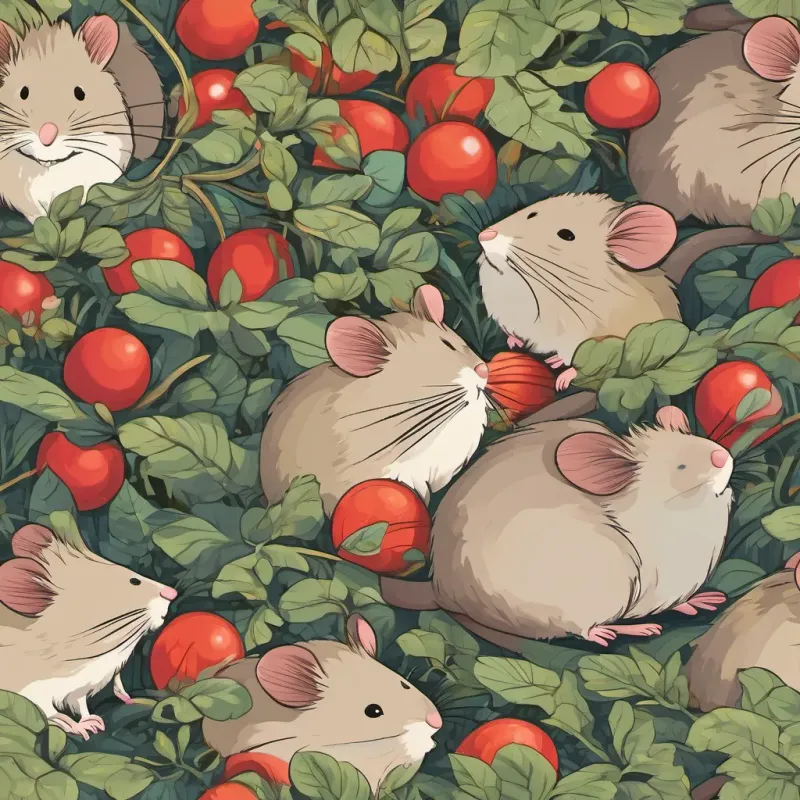 a small, cheerful mouse with bright eyes and a tiny hat, exuding curiosity and playfulness and a friendly, kind mouse with a gentle smile, caring eyes, and always ready to help searching together, crawling through bushes and over hills, finally spotting the red ball bouncing gently with a soft ‘bop’
