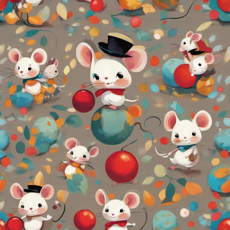 a small, cheerful mouse with bright eyes and a tiny hat, exuding curiosity and playfulness and a friendly, kind mouse with a gentle smile, caring eyes, and always ready to help laughing and cheering together, both holding the red ball, with a colorful and joyful background