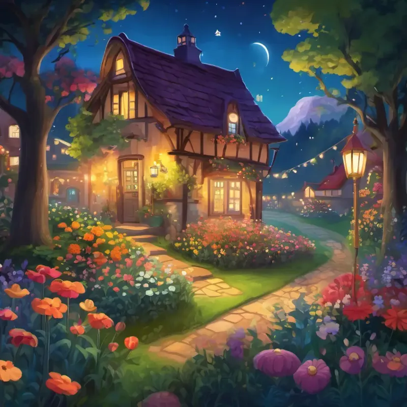 Introduction to the magical garden with colorful flowers and animals in a small town at night.