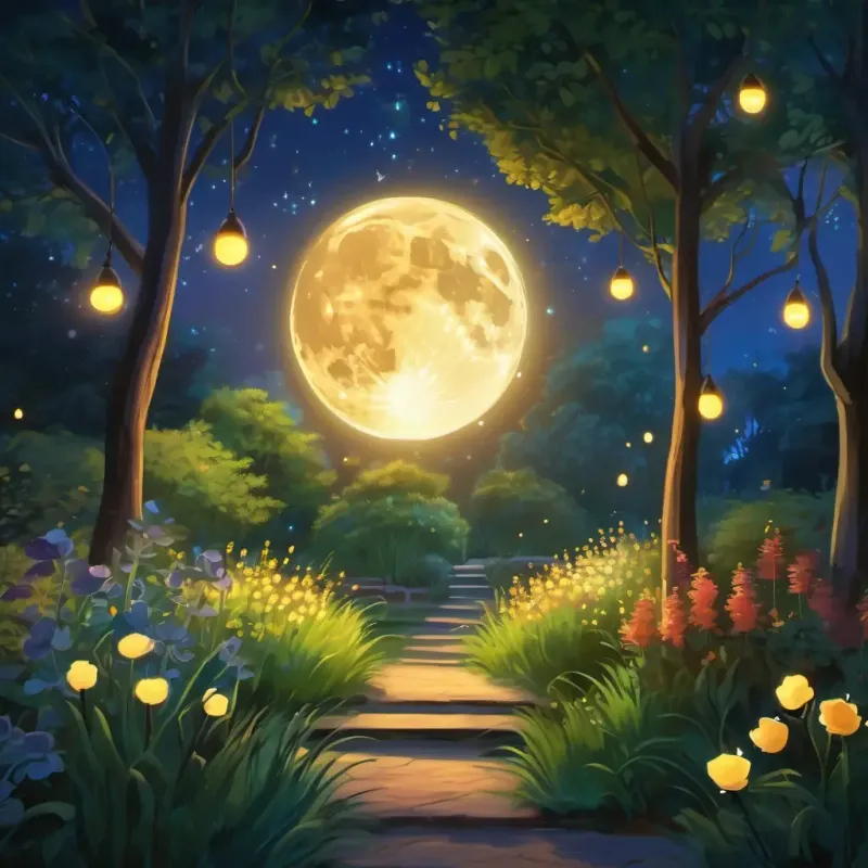 A description of the moon, fireflies, and the twinkling light show in the garden.