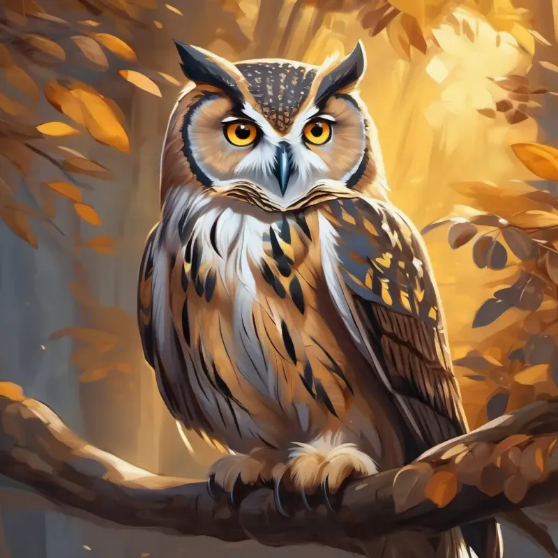 Introduction of the wise old owl with brown and gray feathers and bright golden eyes.