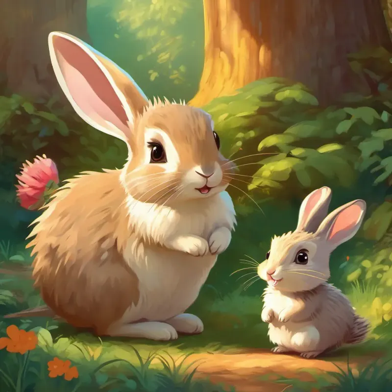 Description of the playful rabbit family and the admiring hedgehog.