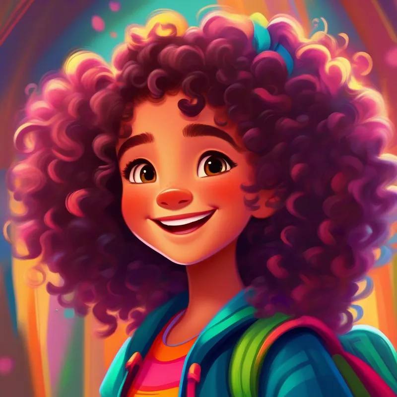 Brave girl with curly hair, vibrant clothing, and a big smile smiling, with curly hair, vibrant colors