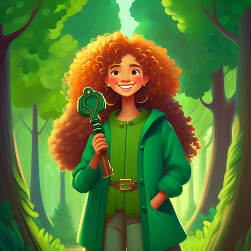 Brave girl with curly hair, vibrant clothing, and a big smile holding a key, surrounded by tall trees, green colors