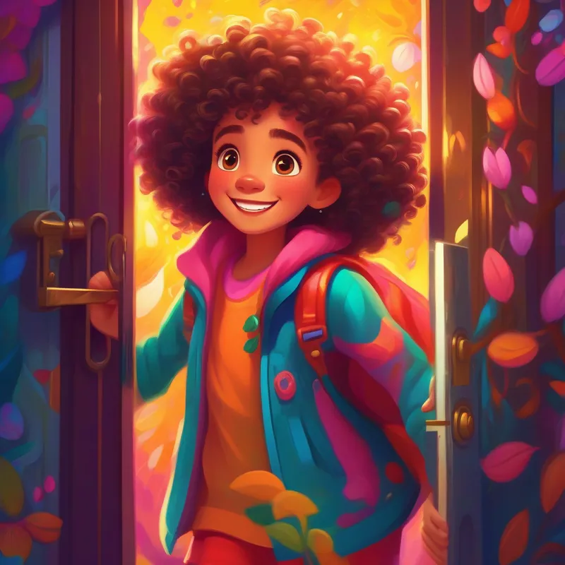 Brave girl with curly hair, vibrant clothing, and a big smile with key, opening a secret door, bright and sparkly colors