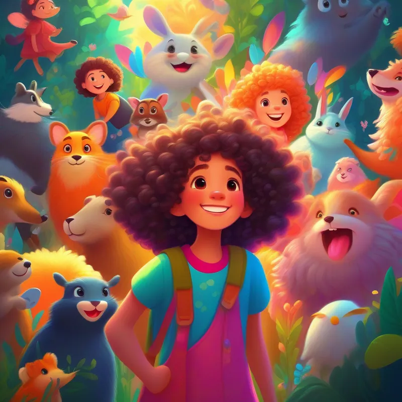 Brave girl with curly hair, vibrant clothing, and a big smile surrounded by talking animals and fairies, colorful and happy