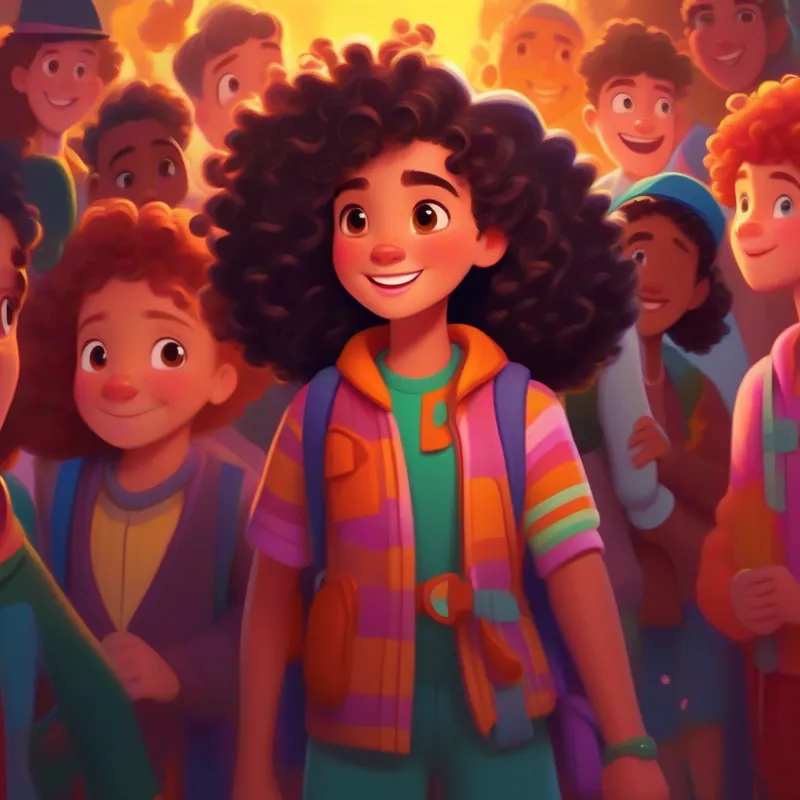 Brave girl with curly hair, vibrant clothing, and a big smile and friends solving mysteries, confident and determined