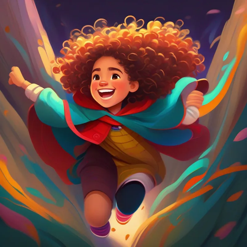 Brave girl with curly hair, vibrant clothing, and a big smile being brave, facing obstacles, determined and strong