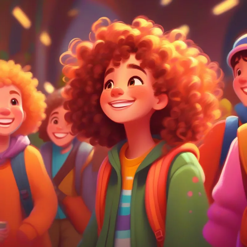 Brave girl with curly hair, vibrant clothing, and a big smile surrounded by her friends, smiling and happy, warm colors